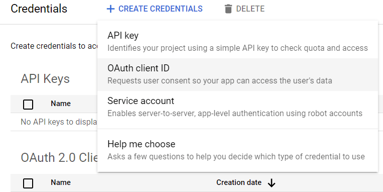 Lựa chọn id ứng dụng khách OAuth.
