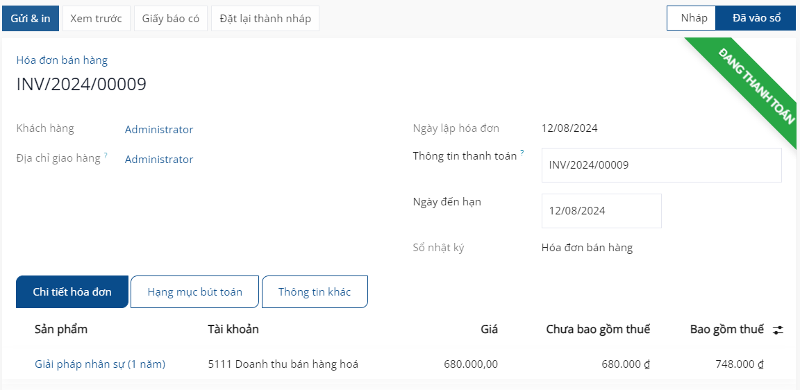 Cửa sổ bật lên đăng ký thanh toán trên hóa đơn của khách hàng trong Bán hàng SoOn.