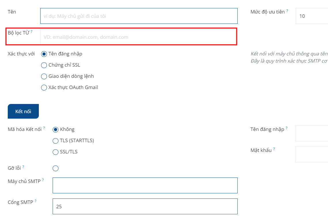 Cài đặt máy chủ email gửi đi và cài đặt bộ lọc TỪ.