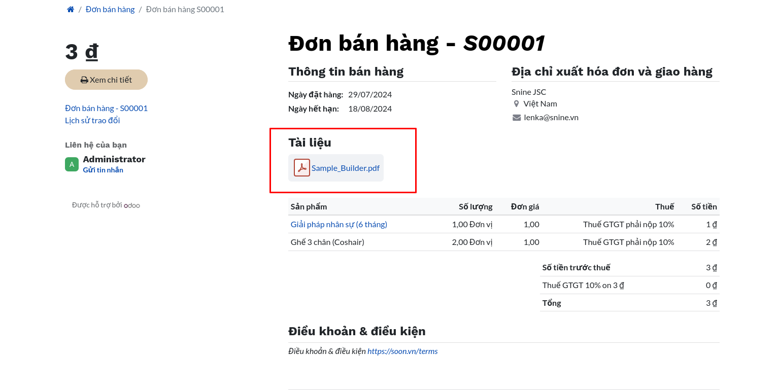 Mẫu pdf đã tải lên với tùy chọn báo giá bên trong được chọn trong SoOn Bán hàng.