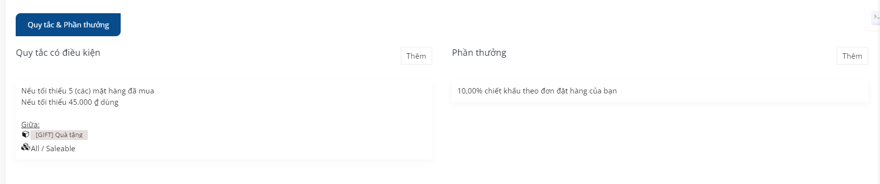 Tab Quy tắc & Phần thưởng của biểu mẫu chương trình khách hàng thân thiết.