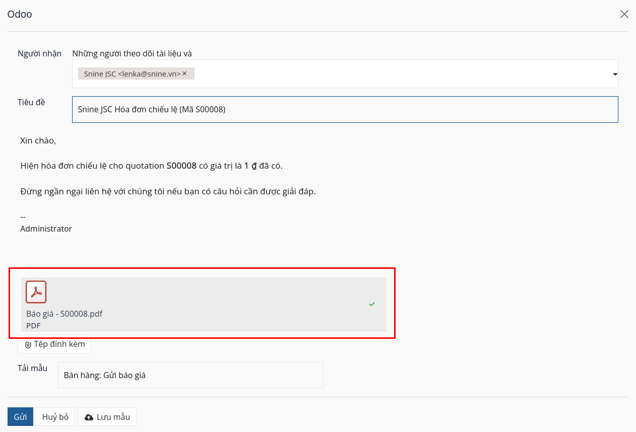 Cửa sổ bật lên email xuất hiện cùng với hóa đơn mẫu được đính kèm trong Bán hàng SoOn.