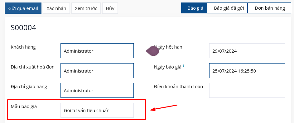 Trường mẫu báo giá trên biểu mẫu báo giá tiêu chuẩn trong SoOn Bán hàng.