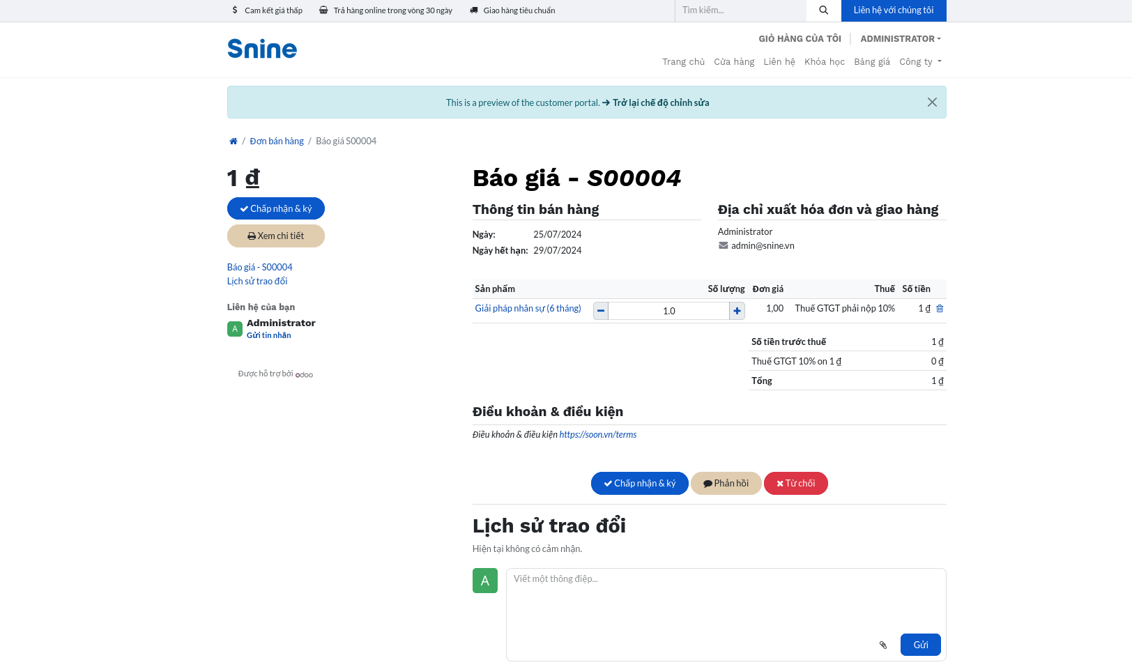 Khách hàng xem trước mẫu báo giá trong SoOn Bán hàng.