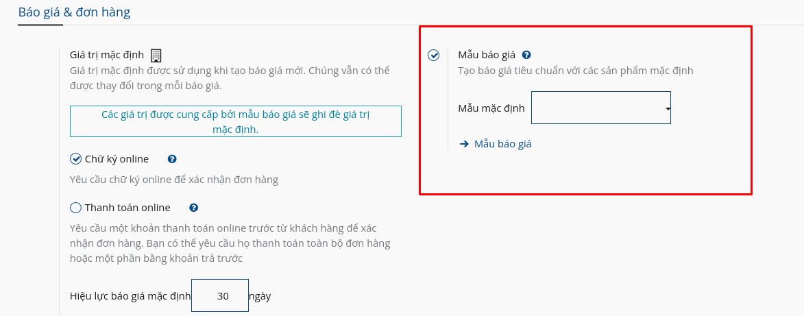 Cách bật mẫu báo giá trên SoOn Bán hàng.