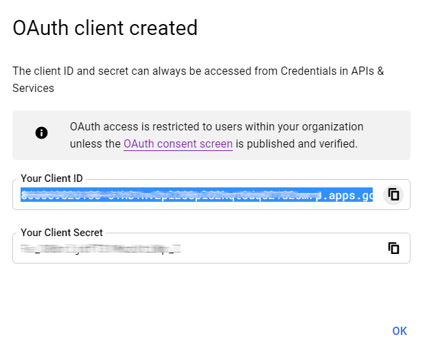 ID ứng dụng khách OAuth của Google đã được tạo.