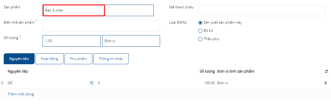 Một hóa đơn nguyên vật liệu cho một sản phẩm bán thành phẩm.
