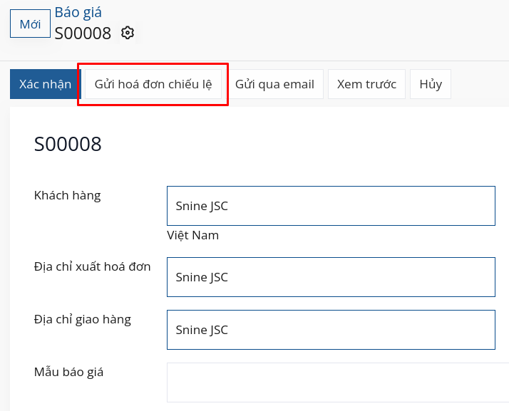 Nút Gửi hóa đơn theo mẫu trên một đơn đặt hàng thông thường trong Bán hàng SoOn.
